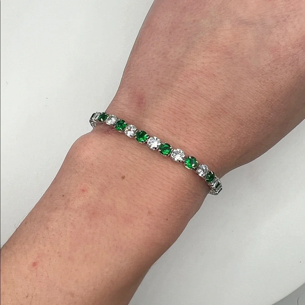 197. White Gold Plated Emerald Green and Crystal Stones Bracelet 6 1/2”